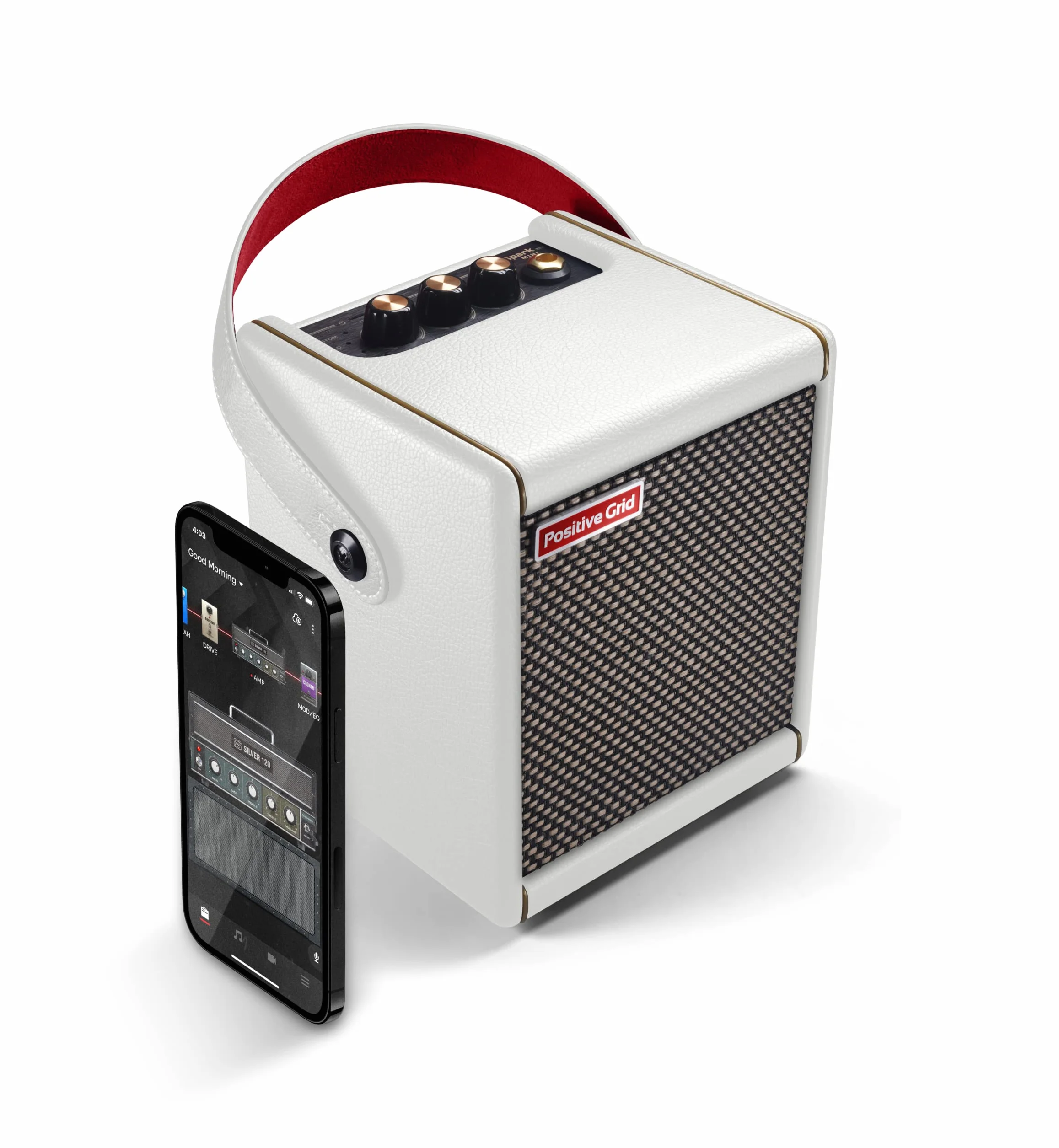 Positive Grid Spark MINI przenośny inteligentny wzmacniacz gitarowy, 10 W, i głośnik Bluetooth z aplikacją do grania na gitarze w domu lub w podróży, perłowy
